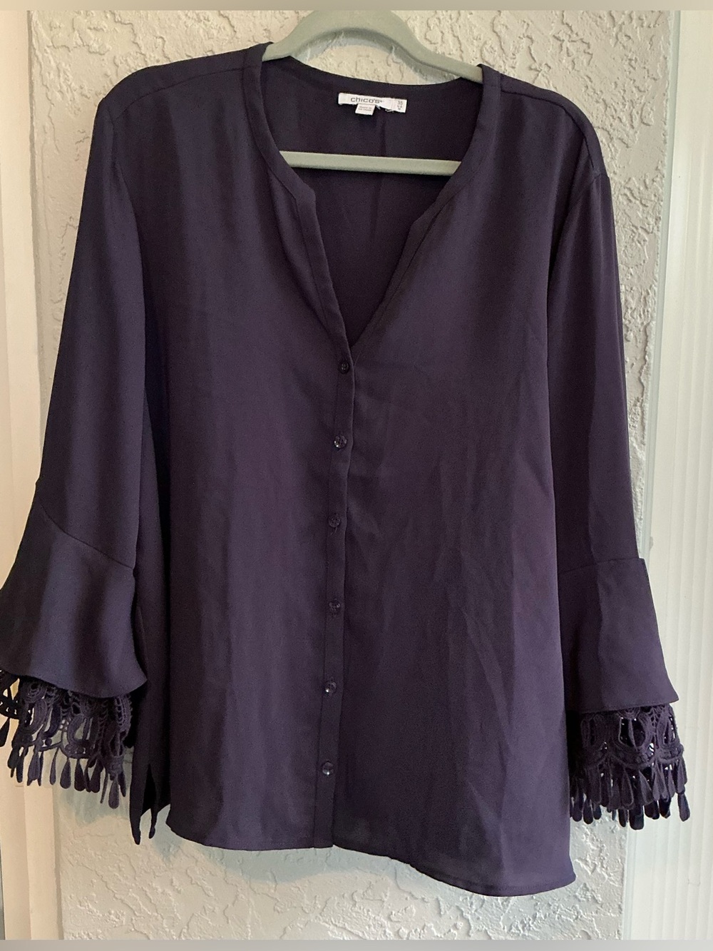 Chico's Dark Purple Button-Front Blouse with Crochet Bell Cuffs